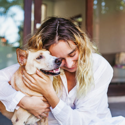 Dog Food & SuppliesA dog being hugged by its owner