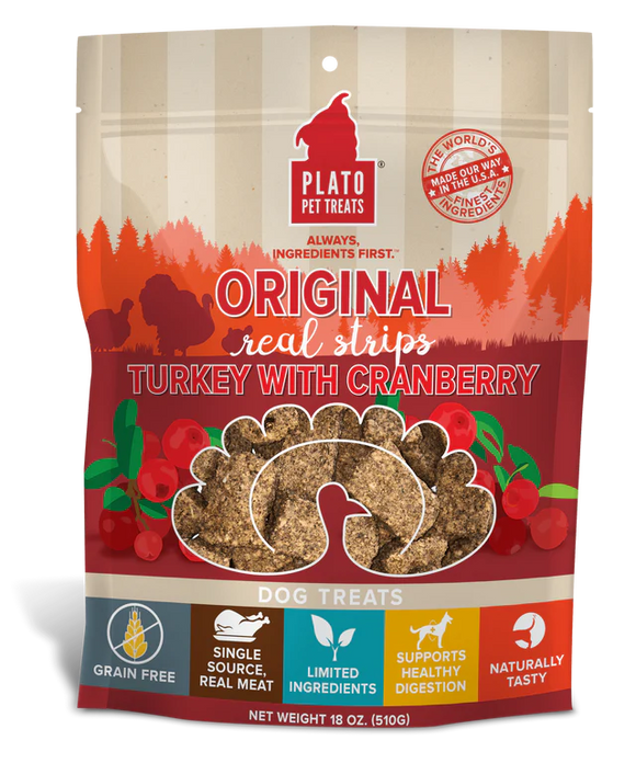 Plato Pet Treats - Original Real Strips Grain Free Turkey with Cranberry Dog Treats