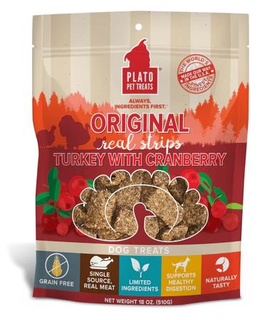 Plato Pet Treats - Original Real Strips Grain Free Turkey with Cranberry Dog Treats